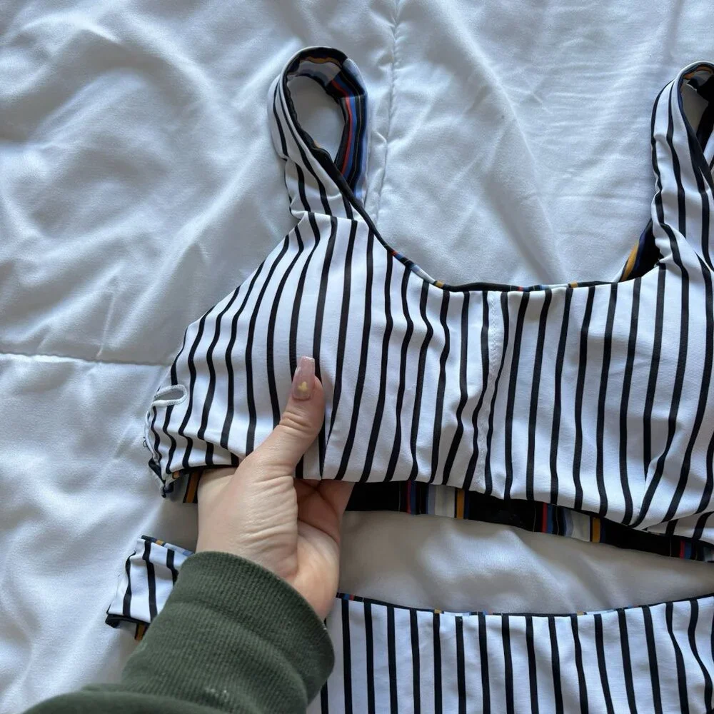 Womens Bikini Set Swimsuit Top Bottom Striped‎ Reversible White Black Summer